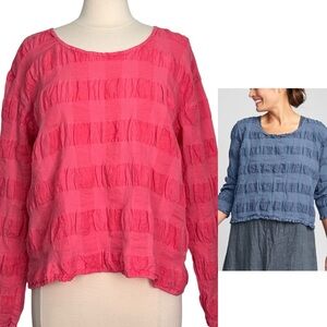 Flax Linen Blend Pucker Top In Pink Oversized Lagenlook Size S